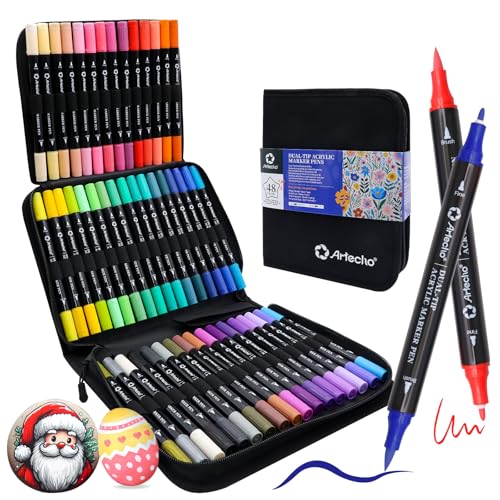 Artecho Acrylstifte 48 Farben mit Stoffbeutel, 0.5-5mm Wasserfester Dual Tip Marker (Pinsel und feine Spitze), mit doppelten Enden für Rock Painting, Glas, Papier, Ei, Leinwand, Keramik, DIY Crafts