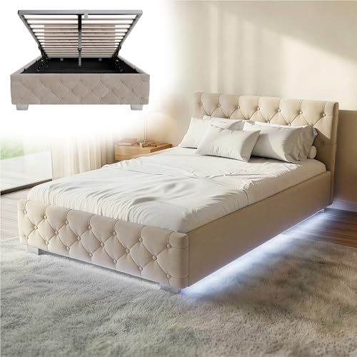 Juskys Polsterbett Nizza 120x200 cm Samt mit Stauraum, LED Beleuchtung & Lattenrost - Chesterfield Steppung & Kopfteil - Bett Bettgestell - Beige