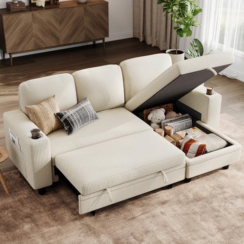 LINSY HOME Schlafsofa Ausziehbarer Couch, Ecksofa mit Schlaffunktion, Stauraum, Cord-Bezug L-Form Modulare Sofas mit Chaiselongue für Wohnzimmer und Wohnungen (Beige, L-Form)
