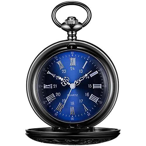 BOSHIYA Vintage Herren Taschenuhr mit Kette Einzigartiges Blau Römischen Ziffern Zifferblatt Analog Quarz Taschenuhr für Herren Schwarz