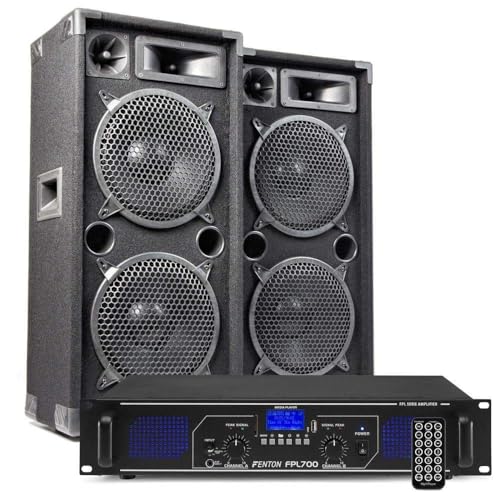 MAX210 PA Anlage Set - 2000W mit Bluetooth Verstärker & 2X 3‑Wege DJ Lautsprecher, FPL700 Bluetooth Verstärker mit USB/SD Player & Fernbedienung, inkl. Kabel - Plug & Play Musikanlage für Party & DJ