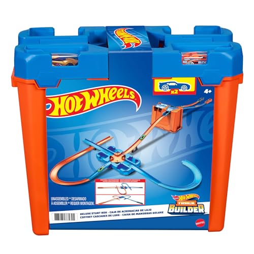 Hot Wheels Bahn Track Builder, Autorennbahn Bauset für Hot Wheels Autos, inkl. 2 Spielzeugautos, Spurwechsler, steile Kurven, Crashzone, Auto Spielzeug, Spielzeug ab 4 Jahre, GGP93