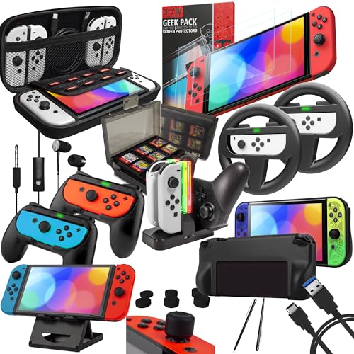 Switch Accessories Bundle - Orzly Geek Pack for Nintendo Switch: Case & Screen Protector, Joycon Grips & Racing Wheels, Switch Tablet & Controller Charge Docks & More [15in1] Black