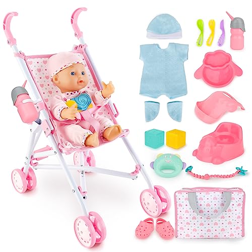 deAO Baby Puppen Spielset mit Puppenwagen, 2 Puppenkleidung und Zubehör