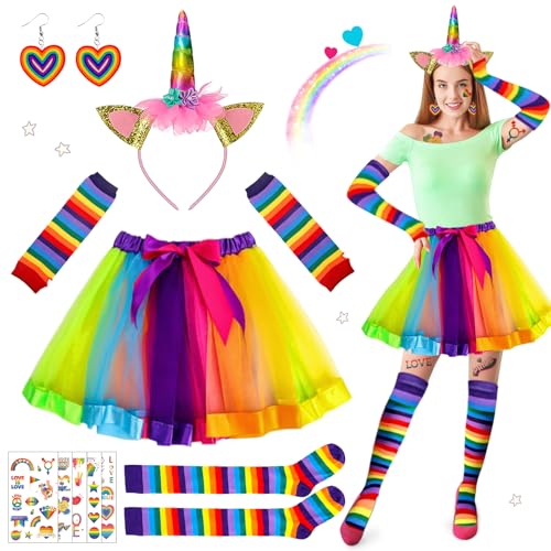 6 PCS Regenbogen Kostüm Damen, Einhorn Kostüm Erwachsene, Karneval Kostüm Damen, Regenbogen Tüllrock, Einhorn Horn Stirnband, Rock Kniestrümpfe Streifen und Lange Handschuhe, für Karnevalspartys