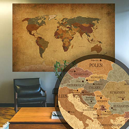 BilderKing Alte Retro Weltkarte antik als XXL Wand-Poster in Deutsch 140x100 groß im Vintage Used Look - Perfekte Großformat Deko für die Wand als Atlas Map Geograpfie Weltkugel mit Kompass