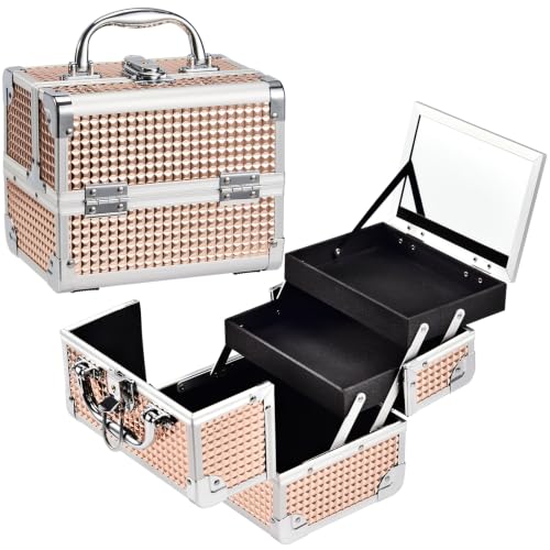 Joligrace Kosmetikkoffer Schminkkoffer, Kosmetik Make up Organizer Koffer Mit Schlüssel und Spiegel Verschließbar Multikoffer, Makeup Koffer Rosa Gold