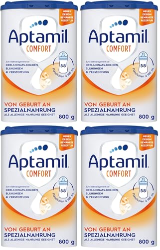 Aptamil Comfort – Spezialnahrung von Geburt an, Zum Diät Management, Bei Koliken, Blähungen & Verstopfungen, Palmöl, Milchpulver, 1x 800 g (Packung mit 4)