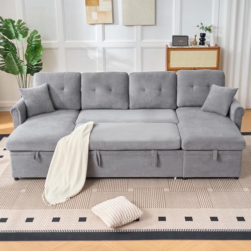 Luscriate U-Form Ecksofa mit Schlaffunktion & Bettkasten | Großes 4-Sitzer Schlafsofa mit Stauraum | Samtstoff Bezug | 266 cm Breite | Extra Tiefe Sitzfläche | Für Wohnzimmer Big Sofa