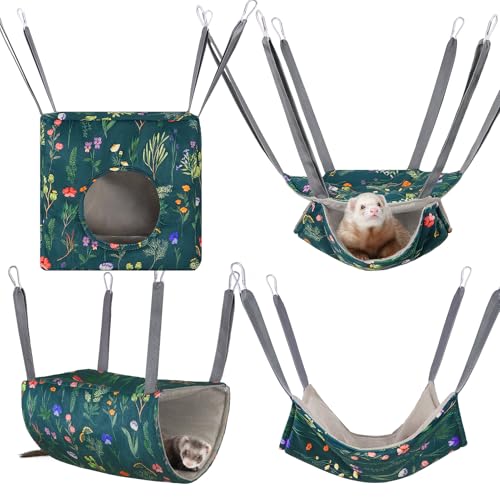 Hedgeink Frettchen Hängematten 4er Set – Waschbare Kuschelhöhle & Hängematte für Ratten, Meerschweinchen, Chinchilla – Kleintier Zubehör für Käfig, Nest, Tunnel & Schlafplatz