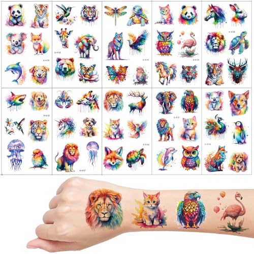 Tier Tattoos für Kinder, 10 Blätter Wasserfarben Tiere Temporäre Tattoos, Kinder Tattoo Hautfreundlich, Schultüte Füllung, Mitgebsel Kindergeburtstag
