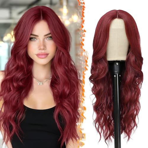 BARSDAR Lange Wellig Rot Perücke, 66cm Mittelscheitel Lockige Wellig Lace Front Natürliche Hitzebeständig Synthetische Haar Perücken für Frauen Tägliche Party Cosplay Halloween Perücke (Rot)