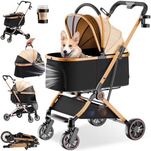 GTPLAYER Hundewagen 4 in 1 Hundebuggy, Hundebox klappbar Hund Kinderwagen bis 25kg, Faltbar Katzenwagen mit 360°Drehrädern, Netzfenstern, Verstellbaren Markise&Getränkehaltern, Gold