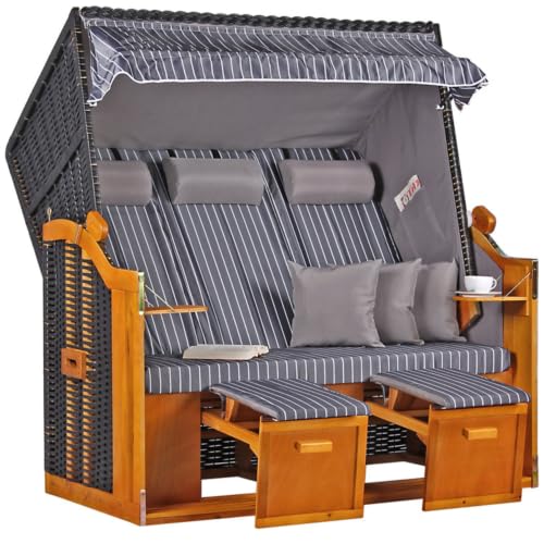 MR. DEKO Strandkorb Ostsee XXL Volllieger | PE Geflecht Schwarz inkl. 6 Kissen | Dessin Royal Anthrazit | Strandstuhl Liegestuhl DreisitzerStrandkörbe aus Hartholz | Garten, Wintergarten und Terrasse