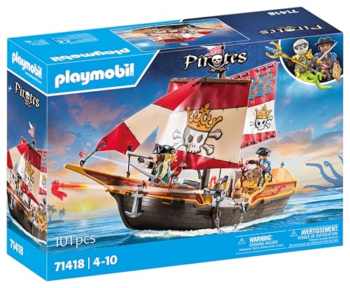 PLAYMOBIL Pirates 71418 Piratenschiff, aufregende Abenteuer auf hoher See, mit umfangreichem Zubehör wie Fernrohr, Kompass und Kanonen, Spielzeug für Kinder ab 4 Jahren