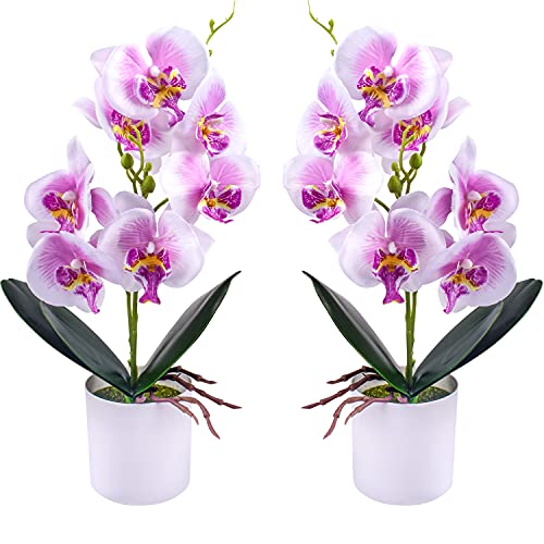 XONOR Künstliche Orchideenblumen, 2 Stück eingetopfte Orchideenblüten Gefälschte Orchideen mit Plastikvase für Tischdekoration Wohnkultur Büro Hochzeitsfeier Dekoration (Lila)