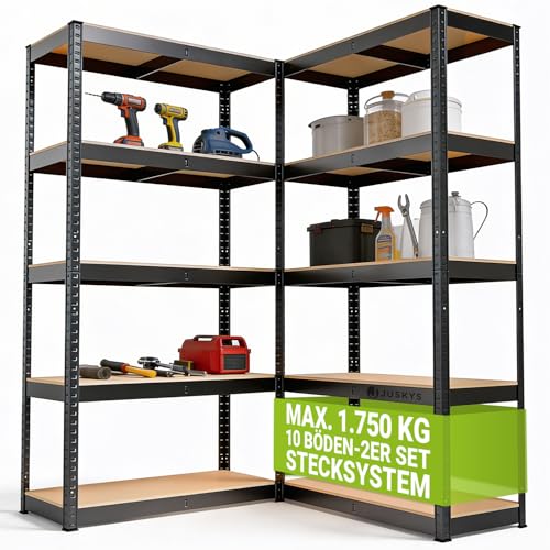 Juskys 2er-Set Lagerregal Basic 2X 180x90x40cm (HxBxT) - 1750 kg - 10 Böden - Schwerlastregal Steckregal Metall Kellerregal Regalsystem Regal - Grau