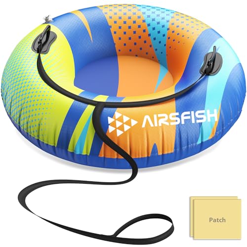 Airsfish Aufblasbare Schlitten Snow Tube mit Towable Leash,47 Zoll Schnee Schlitten Heavy-Duty Cover Wear-Resistant & Anti-Freeze Material Sledding Schläuche für Wintersport für Kinder Erwachsene