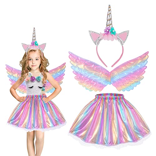 Hifot Einhorn Kostüm Prinzessin Set 3 Stück,Regenbogen Tutu Rock Mädchen Kostüm Tüllrock,Einhorn Haarreif Flügel für Mädchen für Unicorn Cosplay Kindergeburtstag Karneval