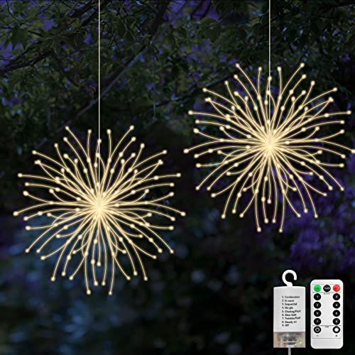 Jsdoin 2 Stück Feuerwerk Lichterkette, 200 LED Weihnachtslicht Starburst, Wasserdicht 8 Modi Feuerwerk Lichter mit Fernbedienung, für Weihnachten Außen Innen Party Hochzeit, Batteriebetrieben