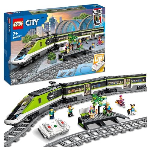 LEGO City Trains - Personen-Schnellzug -Ferngesteuertem Zug mit funktionierenden Scheinwerfern, 2 Waggons, 24 Gleisstücken & 6 Minifiguren – Geschenk für Jungen & Mädchen ab 7 Jahren - 60337