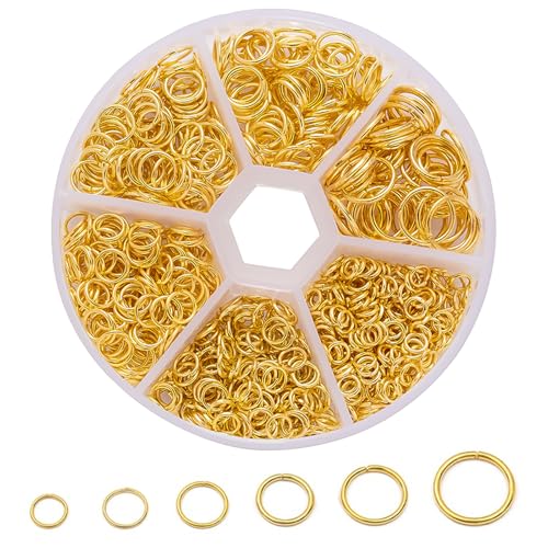 Huotflame Jump Rings DIY Set – 970 Stück offene Ringe, Alloy Biegeringe für Schmuckherstellung – 85g Sortiment für Ohrringe Armbänder Kettenreparatur Bastelbedarf Gold & Silber (Gold)