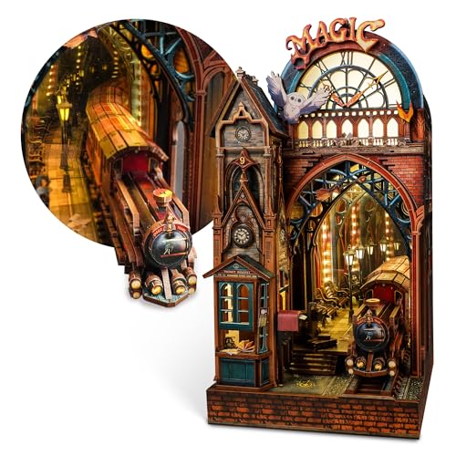 FUNPOLA LED 3D Puzzle Magische Station Book Nook Kit - Interaktives 3D Holzpuzzle LED Magische Miniatur mit unendlichem Erweiterungsraum - DIY Bücherregal Einsatz Dekor Geschenke (Magic Station)