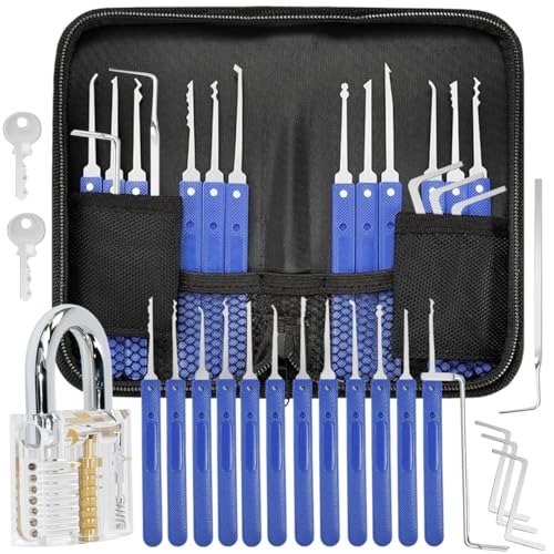 Vunanvu 17 Stück Lockpicking Set Profi Dietrich mit 12 Picks, 5 Drehmomentschlüssel, Transparentem übungsschloss Schlossknacker zum Öffnen Werkzeug Schloss Knacken Schlagschlüssel für Alle Schlösser