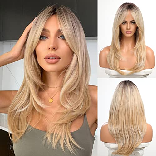 HAIRCUBE Vorhang Bangs Natur Layered Perücken für Frauen Advanced Hierarchical Hairstyle Hitzebeständige Kunstfaser (dunkle Wurzel Schatten Hellblond)