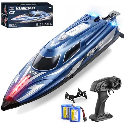 YESHIN Ferngesteuertes Boot 25 km/h, 2,4 GHz RC Boot mit LED-Lichtern, 2 Batterien, Wasserdicht & Kentersicher, 150 m Bedienabstand, Geeignet für Pool & Seen, Geschenk für Kinder 8+ & Erwachsene