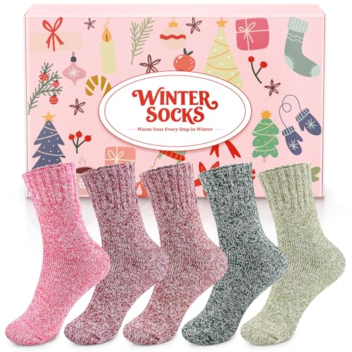 Airabc 5 Paar Thermosocken Damen, Wollsocken, Warme Wintersocken Damen, Dicke Stricksocken, Winter Damen Socken Bunte Gemütlich und Atmungsaktiv/EU-Größe 35-42
