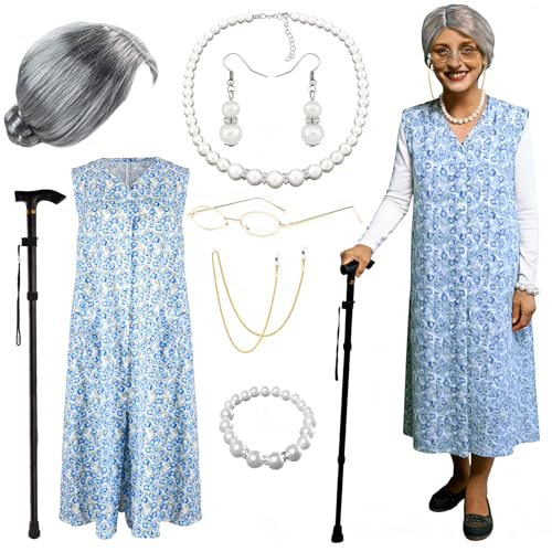 Oma Kostüm Set Fasching Karneval Rentner Frau Damen Set 8 Stück, Oma Perücke, Blumenkleid, Brille mit Brillenkette, Perlenschmuck-Set & Klappbarer Gehstock, Damen Retro Großmutter Verkleidung (L)