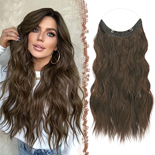 FESHFEN Secrets Haare Extensions Lange Gewellt Haarverlängerung Invisible Secret Haarextension Synthetik Hair Unsichtbarem Haarteile für Frauen 50 cm Kastanie Braun