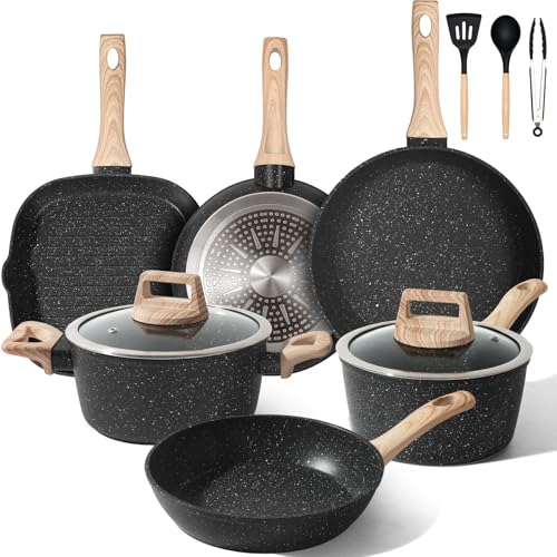 GMISUN Topf und Pfannenset,11-Teiliges Induktion Töpfe Set,Kochtopf Set Induktion,Pfannenset Mit Deckel, FüR Alle Herdarten, Pfoa/Pfos-Frei,Schwarz