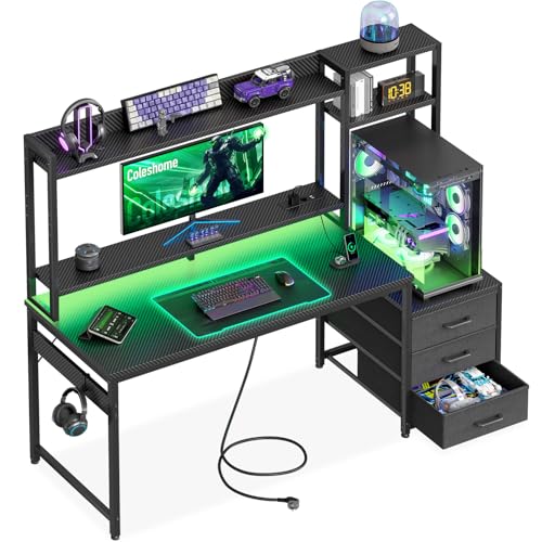 Coleshome Gaming Tisch mit Regal und Schubladen, 137 × 48 cm, Schwarz