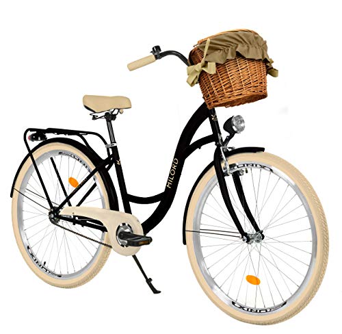 MILORD. 26 Zoll 1-Gang, schwarz und Creme, Komfort Fahrrad mit Korb und Rückenträger, Hollandrad, Damenfahrrad, Citybike, Cityrad, Retro, Vintage
