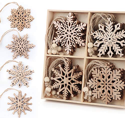 20 Stücke Schneeflocken aus Holz - 4 Designs (5 STK) Christbaumschmuck Anhänger aus naturbelassenem mit Jute Schnur als Weihnachtsschmuck,, Basteln