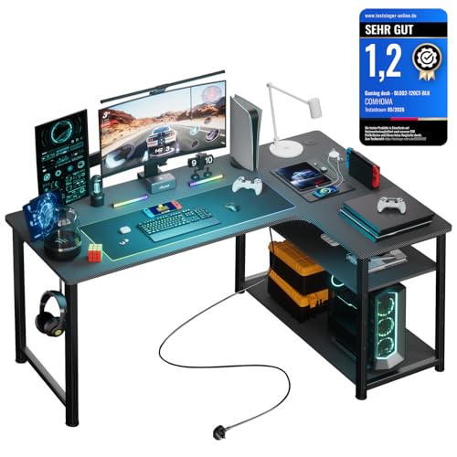 COMHOMA Gaming Tisch mit Steckdose 120 x 80cm Schreibtisch, Eckschreibtisch mit USB-Ladeanschluss und Regal, Computertisch L Form, PC Tisch für Büro, Heimbüro