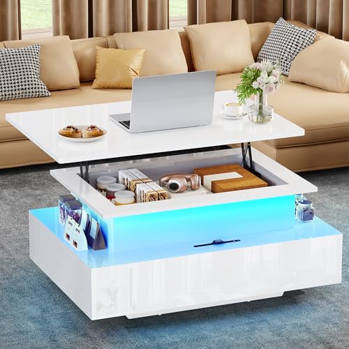 YITAHOME Couchtisch Höhenverstellbar, Wohnzimmertisch Hochglanz mit Hebeplatte,Couch Tisch Wohnzimmer mit 16-Farbiger LED Modern and 2 Schubladen