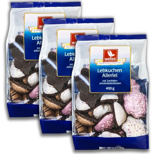 3er Pack Weiss Lebkuchen Allerlei 3 x400 g Braune Lebkuchen-Mischung mit Glasur und Boden aus Zartbitterschokolade