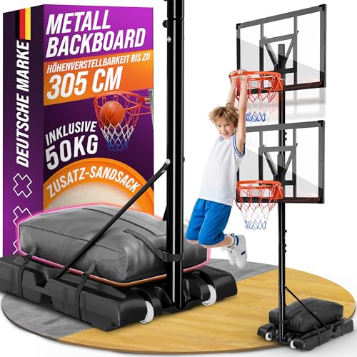 Basketballkorb Outdoor [mit Sandsack] – Basketball Korb höhenverstellbar von 135 cm bis 305 cm – Wetterfester Basketballkorb mit Ständer – Basketballkörbe für Kinder und Erwachsene - Basketball Hoop