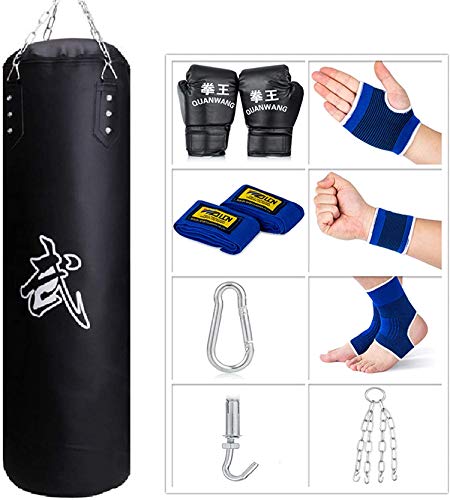 Sfeexun Boxsack Heavy Duty Aufhängungsset mit Handschuhen, Kette, Deckenhaken für Training Erwachsene (ungefüllt, L, schwarz, Kunstleder)