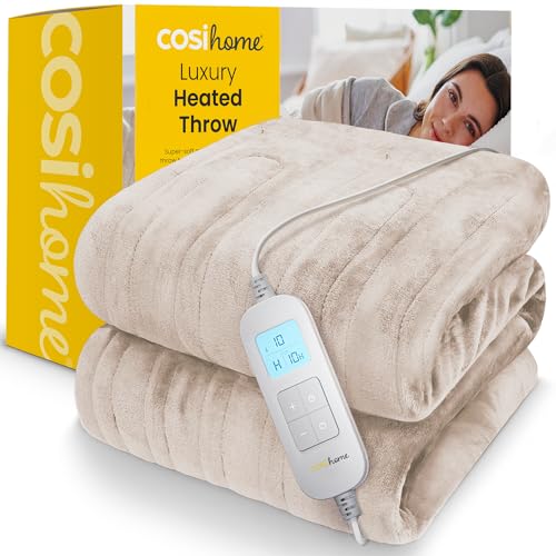 Cosi Home Heizdecke 180x130 cm - Elektrische Wärmedecke mit Abschaltautomatik, Überhitzungsschutz, Waschbar, Kuscheliges Fleece, 10 Heizstufen mit digitaler Fernbedienung, 10 Stunden Timer - Creme