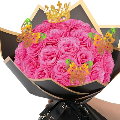 YUZHEDM 24 Stück Künstliche, Blumen Ewige Rose, Glitzer Rosen, Rosenstrauß, DIY-Blumenstrauß mit Krone für Valentinstag, Hochzeit, Verlobung, Geburtstag, Geschenke, Jahrestag(Pink)