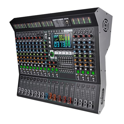 Yamnweo MD14 14-Kanal-Bühnenmixer, 99 DSP-Effekte, großer LED-Display-Mixer, USB-Wiedergabe, Bluetooth mp3 DJ-Konsole, eingebaute 48V-Stromversorgung, 9-Segment-Smart-Noise-Reducing-Mixer