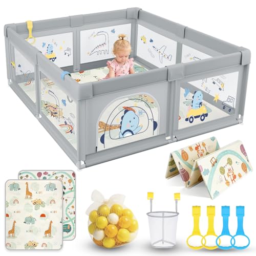 SOFTHOM Laufstall Baby 150x180 mit Matratze, Laufgitter mit 360° Atmungsaktivem Netz und Rutschfestem Bottom, Sicher Stabil Aktivitätszentrum für Kinder mit 60 Ozeanbälle 4 Zugringen, Grau Dinosaurier