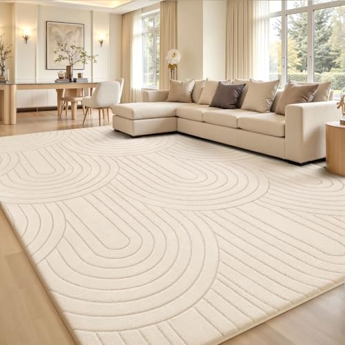 Treeboy Kurzflor Teppich Wohnzimmer, Teppich Groß 140 x 200 cm, 3D Halbkreismuster Carpet Beige Waschbarer Teppiche Schlafzimmer Flauschige Rugs, Teppiche Gegend Mit Rutschmatte