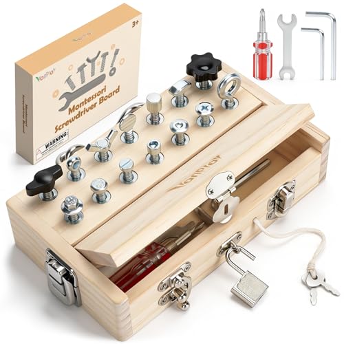 Vanplay Montessori Spielzeug ab 3 4 5 Jahre, Motorikspielzeug Holzspielzeug Schraubendreher Busy Board mit Schlüssel und Schloss, Kinderspielzeug Geschenke für Mädchen Junge