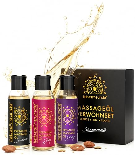 Liebesfreunde® Massageöl Geschenkset – 3 x 50 ml Wellness Öl zur Entspannung, Erotisches Massage Geschenk Set für Frauen & Männer