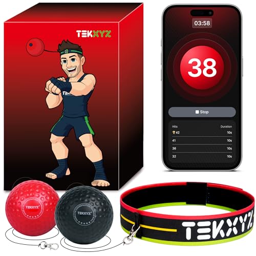 TEKXYZ Reflexball mit Zähler-App und Online-Community, 2 Stufen, Boxball mit Stirnband für Reaktion, Agilität, Schlagtempo und Hand-Auge-Koordination